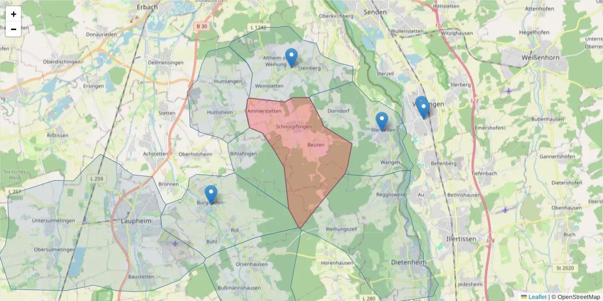 Karte des Postleitzahlen Bereichs  und der umliegenden Postleitzahlen in Deutschland