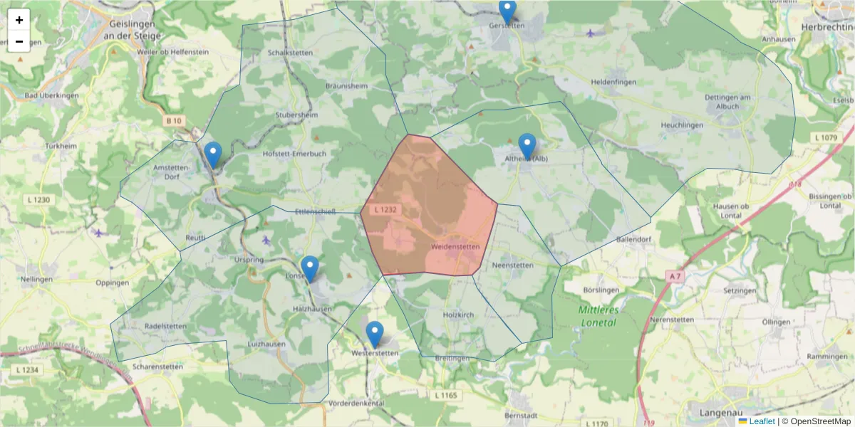 Karte des Postleitzahlen Bereichs  und der umliegenden Postleitzahlen in Deutschland
