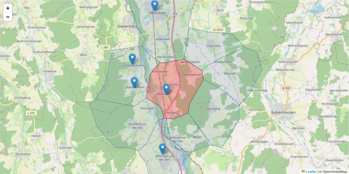 Karte des Postleitzahlen Bereichs  und der umliegenden Postleitzahlen in Deutschland
