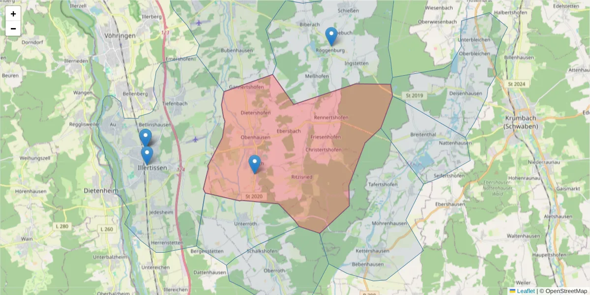 Karte des Postleitzahlen Bereichs  und der umliegenden Postleitzahlen in Deutschland