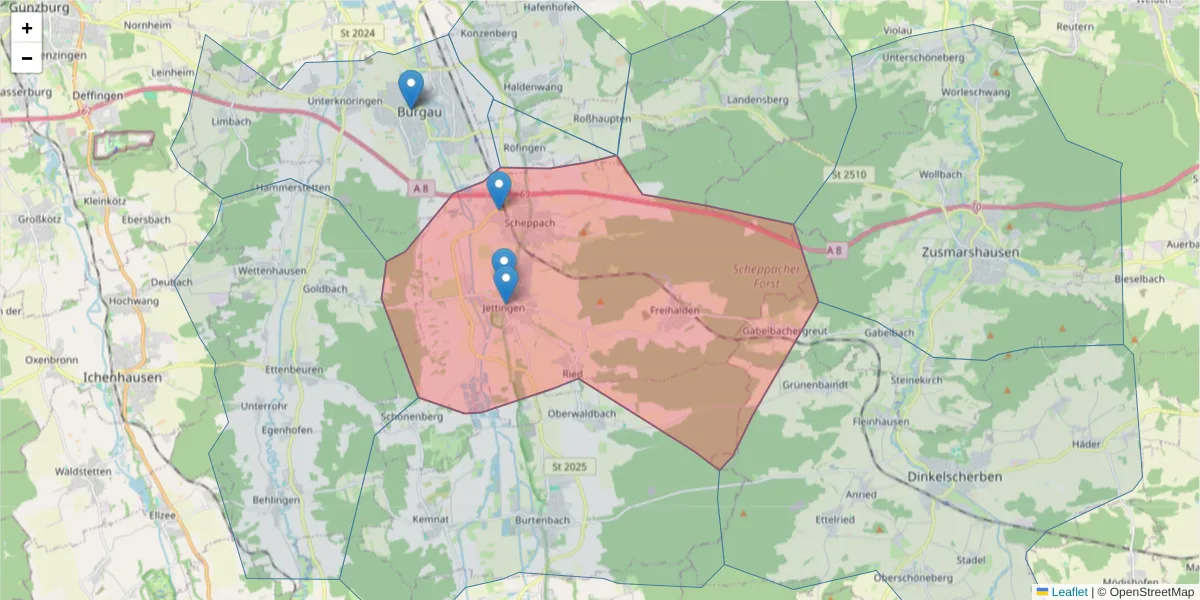 Karte des Postleitzahlen Bereichs  und der umliegenden Postleitzahlen in Deutschland