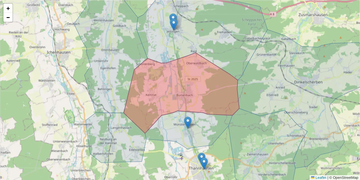 Karte des Postleitzahlen Bereichs  und der umliegenden Postleitzahlen in Deutschland