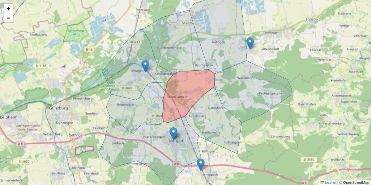Karte des Postleitzahlen Bereichs  und der umliegenden Postleitzahlen in Deutschland