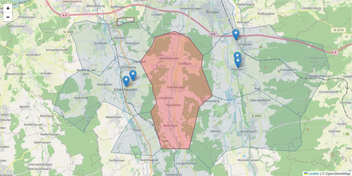 Karte des Postleitzahlen Bereichs  und der umliegenden Postleitzahlen in Deutschland