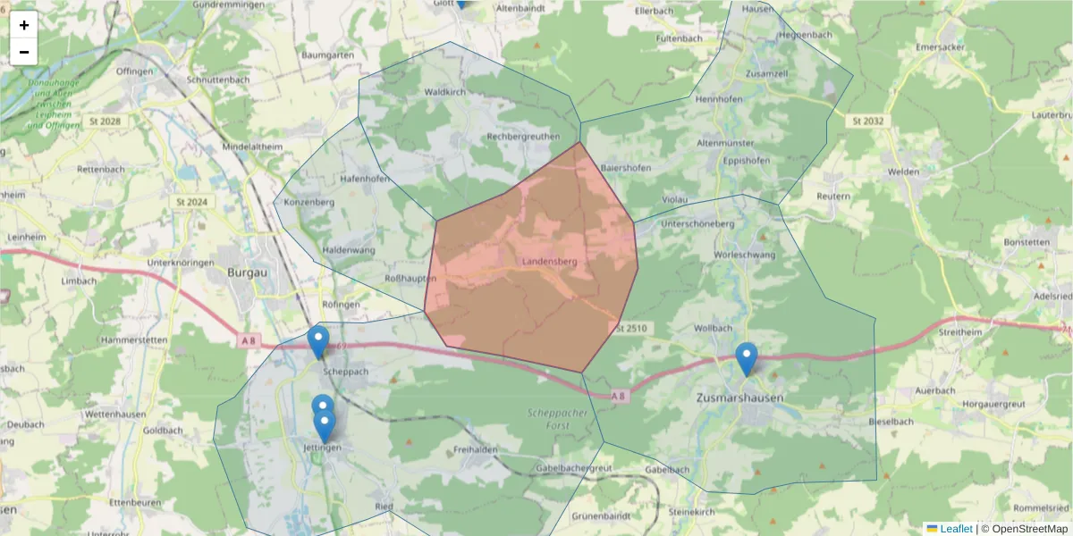 Karte des Postleitzahlen Bereichs  und der umliegenden Postleitzahlen in Deutschland