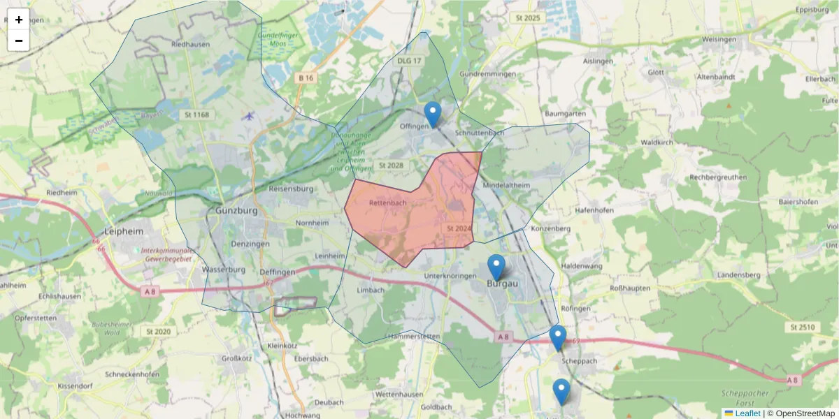Karte des Postleitzahlen Bereichs  und der umliegenden Postleitzahlen in Deutschland