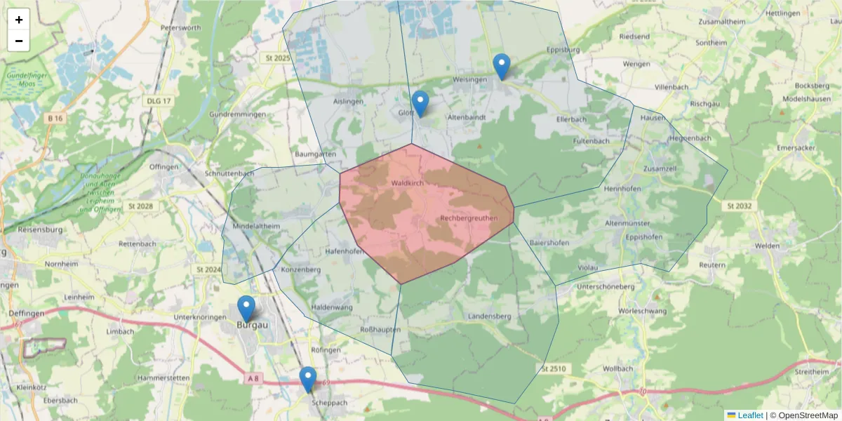 Karte des Postleitzahlen Bereichs  und der umliegenden Postleitzahlen in Deutschland