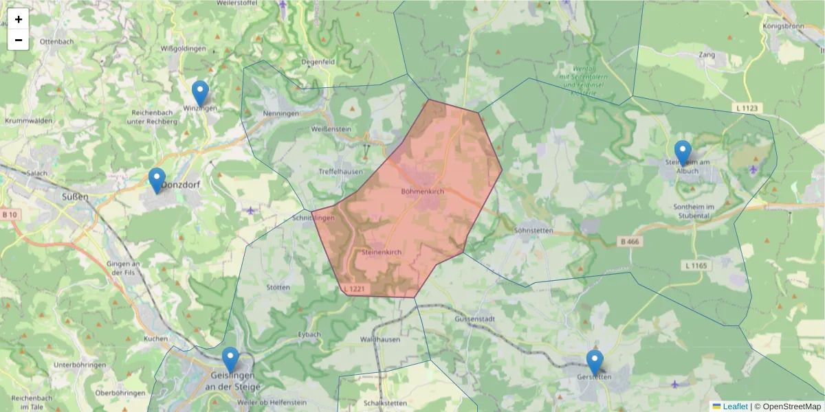 Karte des Postleitzahlen Bereichs  und der umliegenden Postleitzahlen in Deutschland