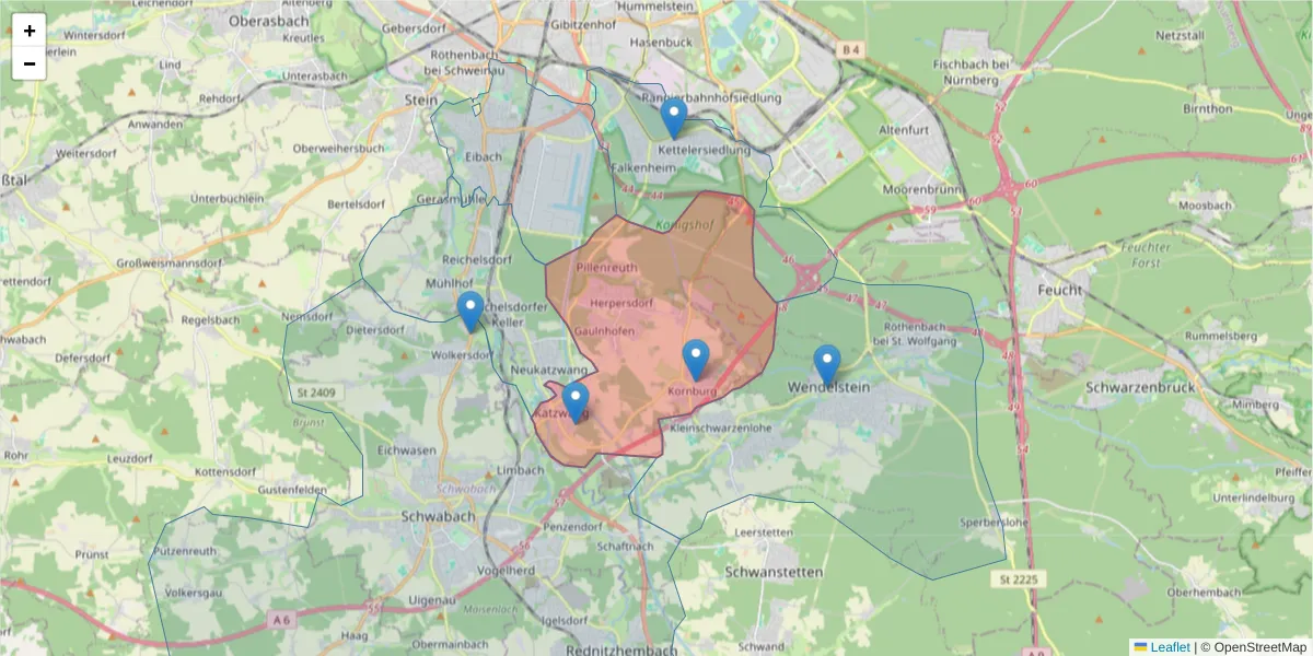 Karte des Postleitzahlen Bereichs  und der umliegenden Postleitzahlen in Deutschland