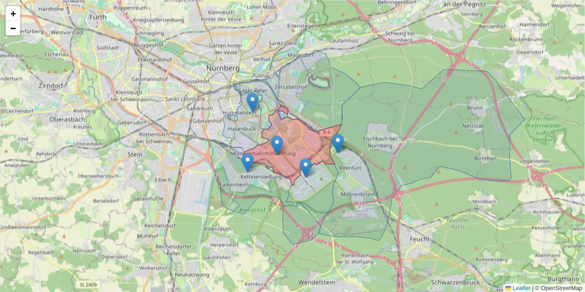Karte des Postleitzahlen Bereichs  und der umliegenden Postleitzahlen in Deutschland