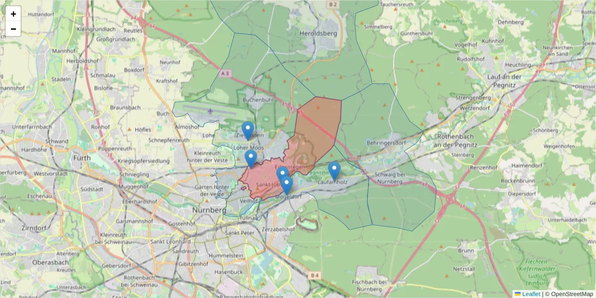 Karte des Postleitzahlen Bereichs  und der umliegenden Postleitzahlen in Deutschland