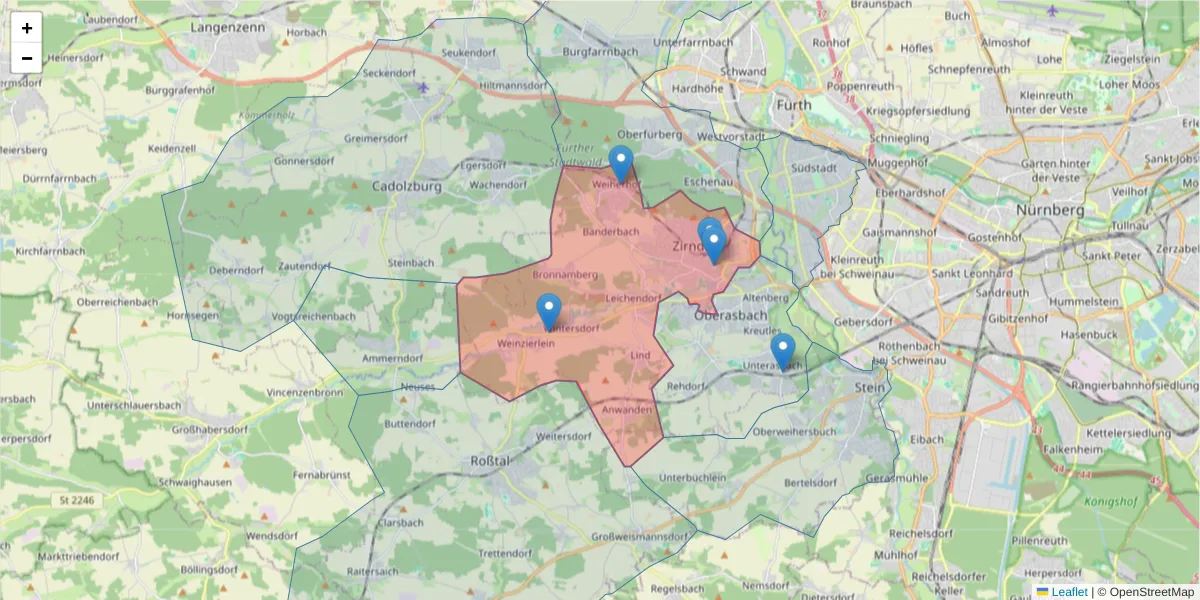 Karte des Postleitzahlen Bereichs  und der umliegenden Postleitzahlen in Deutschland