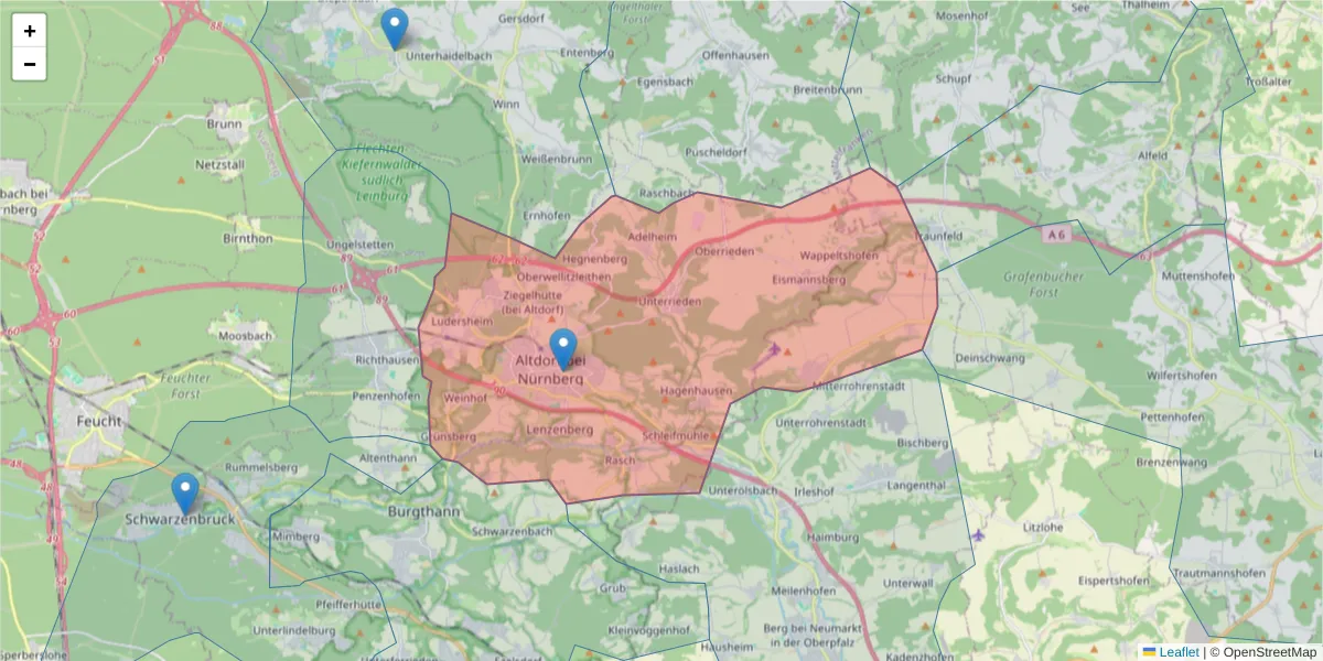 Karte des Postleitzahlen Bereichs  und der umliegenden Postleitzahlen in Deutschland