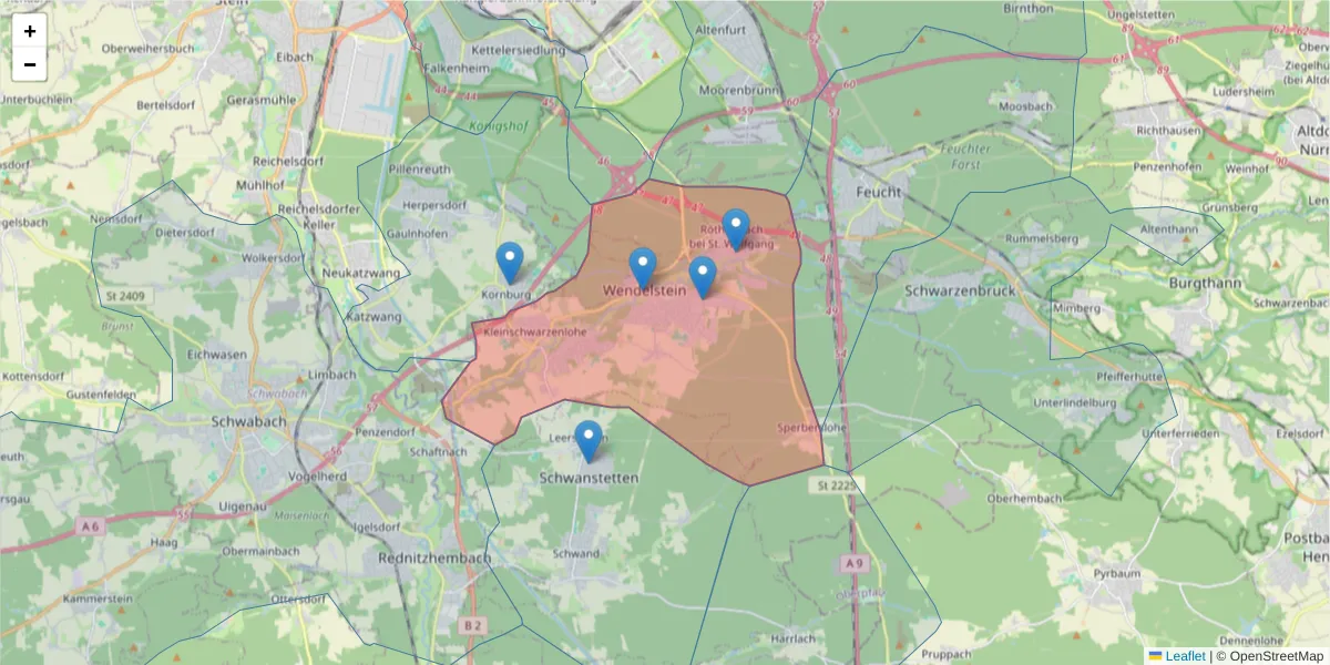 Karte des Postleitzahlen Bereichs  und der umliegenden Postleitzahlen in Deutschland