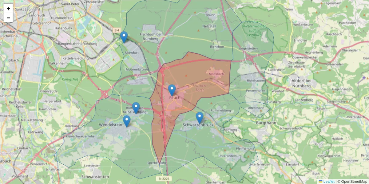 Karte des Postleitzahlen Bereichs  und der umliegenden Postleitzahlen in Deutschland