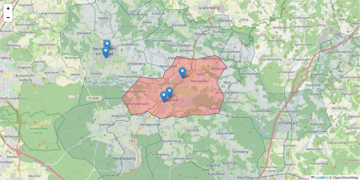 Karte des Postleitzahlen Bereichs  und der umliegenden Postleitzahlen in Deutschland