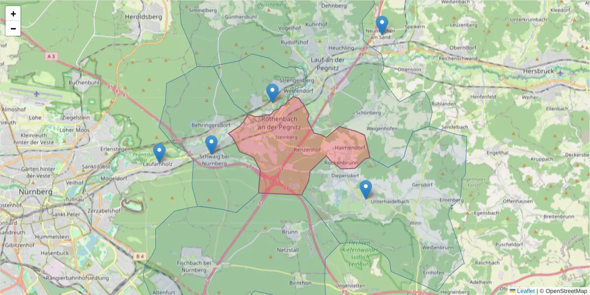 Karte des Postleitzahlen Bereichs  und der umliegenden Postleitzahlen in Deutschland