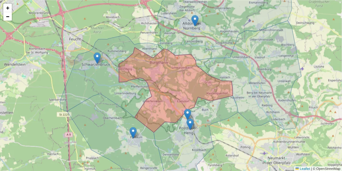 Karte des Postleitzahlen Bereichs  und der umliegenden Postleitzahlen in Deutschland
