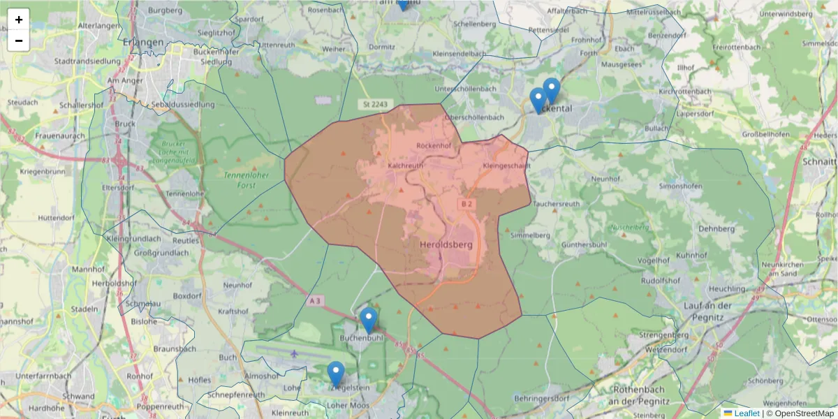 Karte des Postleitzahlen Bereichs  und der umliegenden Postleitzahlen in Deutschland