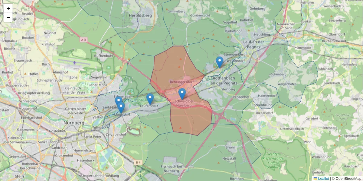 Karte des Postleitzahlen Bereichs  und der umliegenden Postleitzahlen in Deutschland