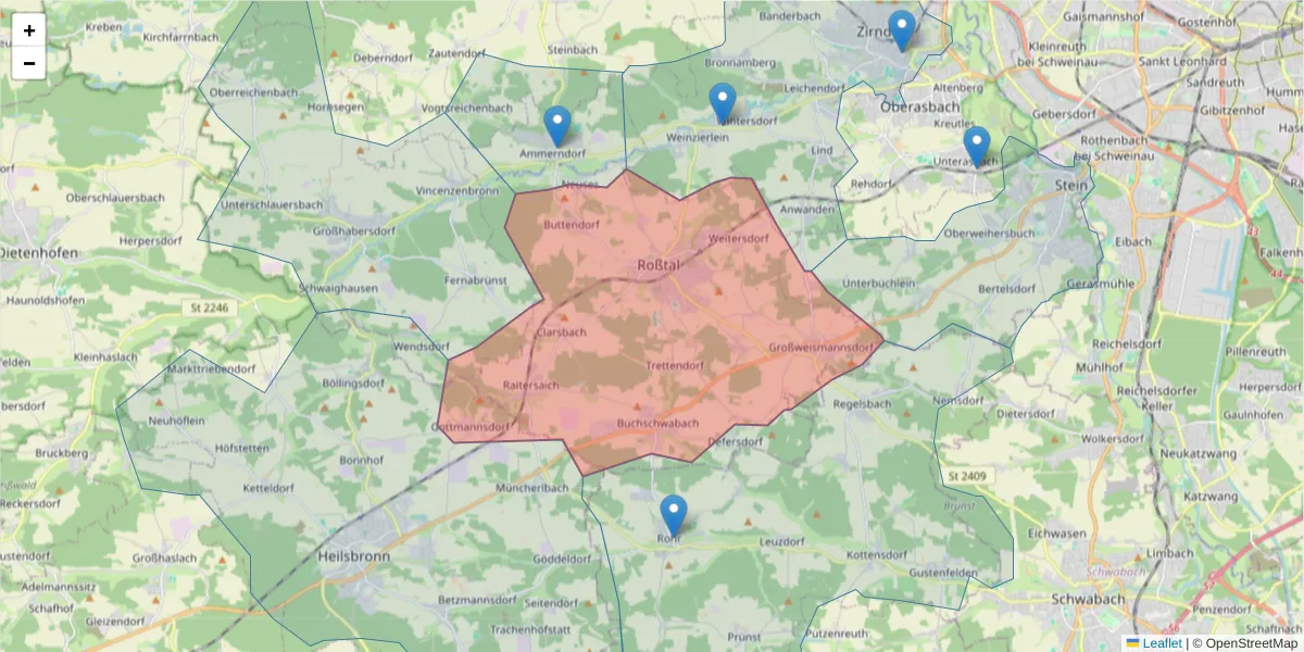 Karte des Postleitzahlen Bereichs  und der umliegenden Postleitzahlen in Deutschland