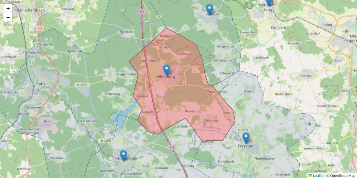 Karte des Postleitzahlen Bereichs  und der umliegenden Postleitzahlen in Deutschland