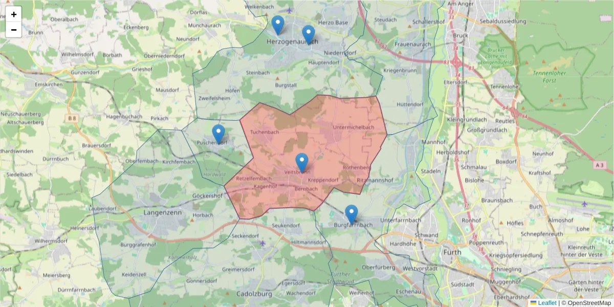 Karte des Postleitzahlen Bereichs  und der umliegenden Postleitzahlen in Deutschland