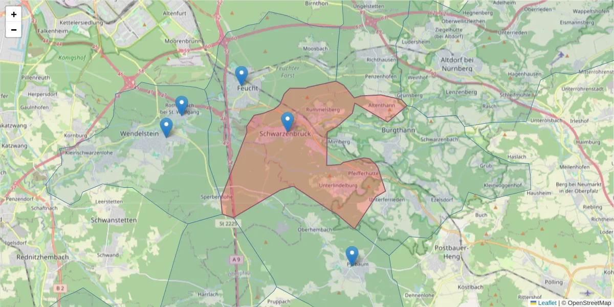 Karte des Postleitzahlen Bereichs  und der umliegenden Postleitzahlen in Deutschland
