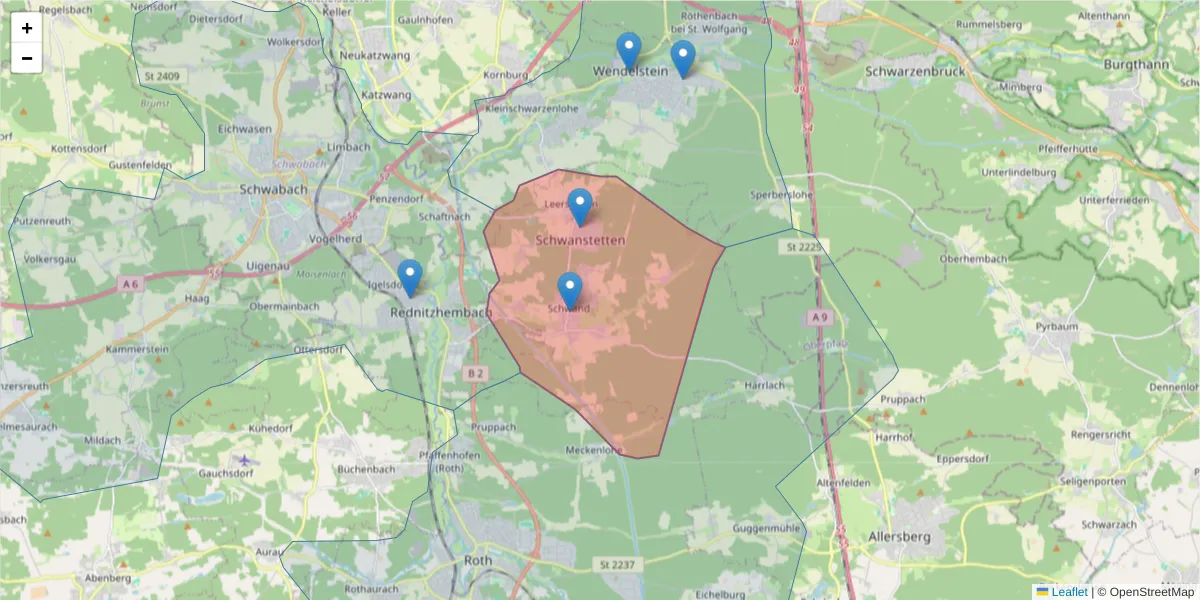 Karte des Postleitzahlen Bereichs  und der umliegenden Postleitzahlen in Deutschland