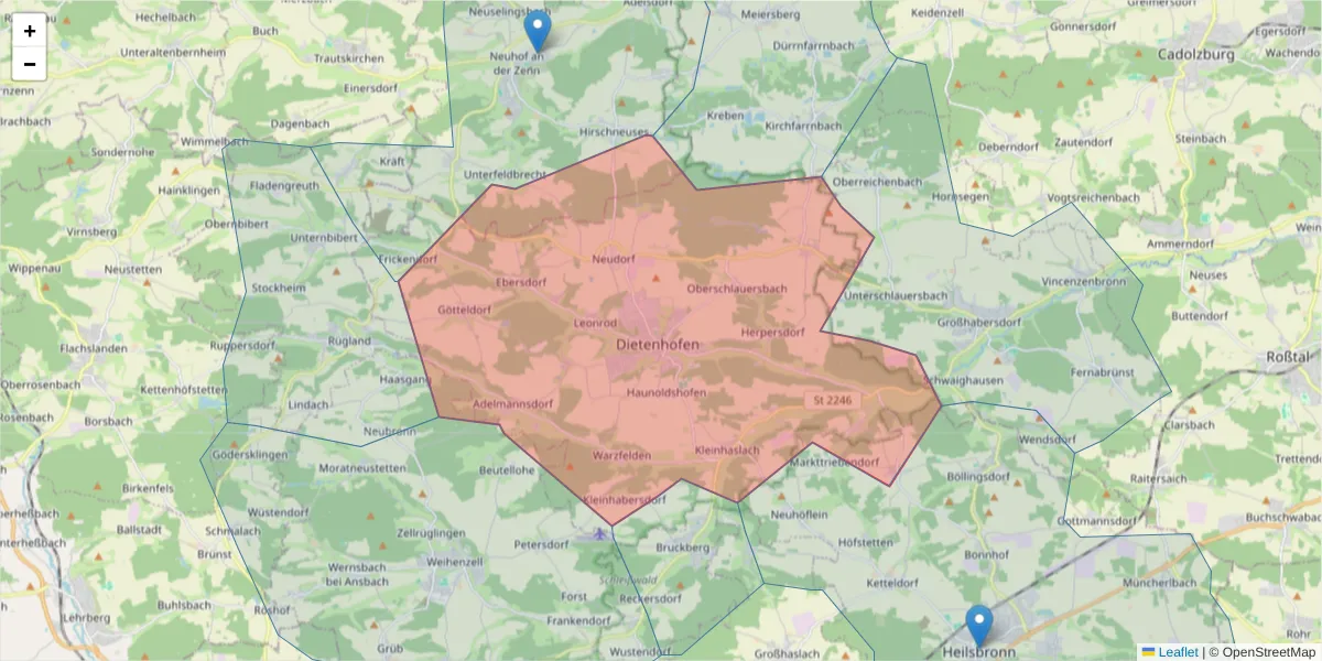 Karte des Postleitzahlen Bereichs  und der umliegenden Postleitzahlen in Deutschland