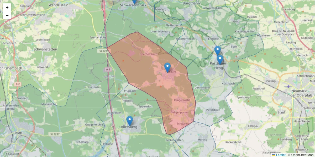 Karte des Postleitzahlen Bereichs  und der umliegenden Postleitzahlen in Deutschland