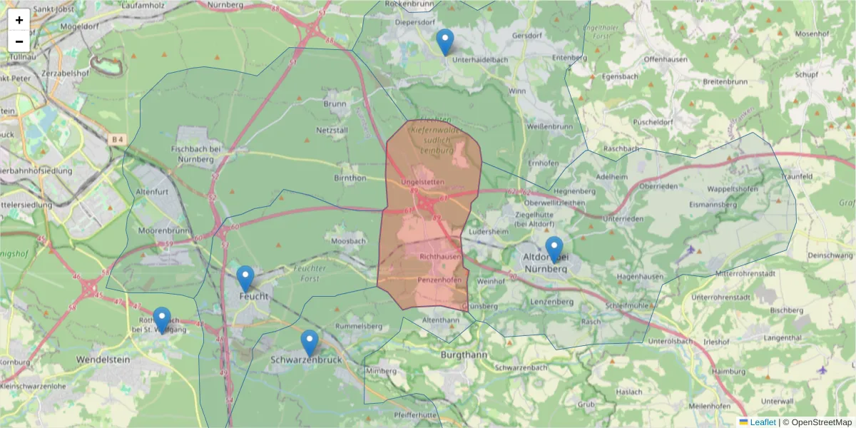 Karte des Postleitzahlen Bereichs  und der umliegenden Postleitzahlen in Deutschland