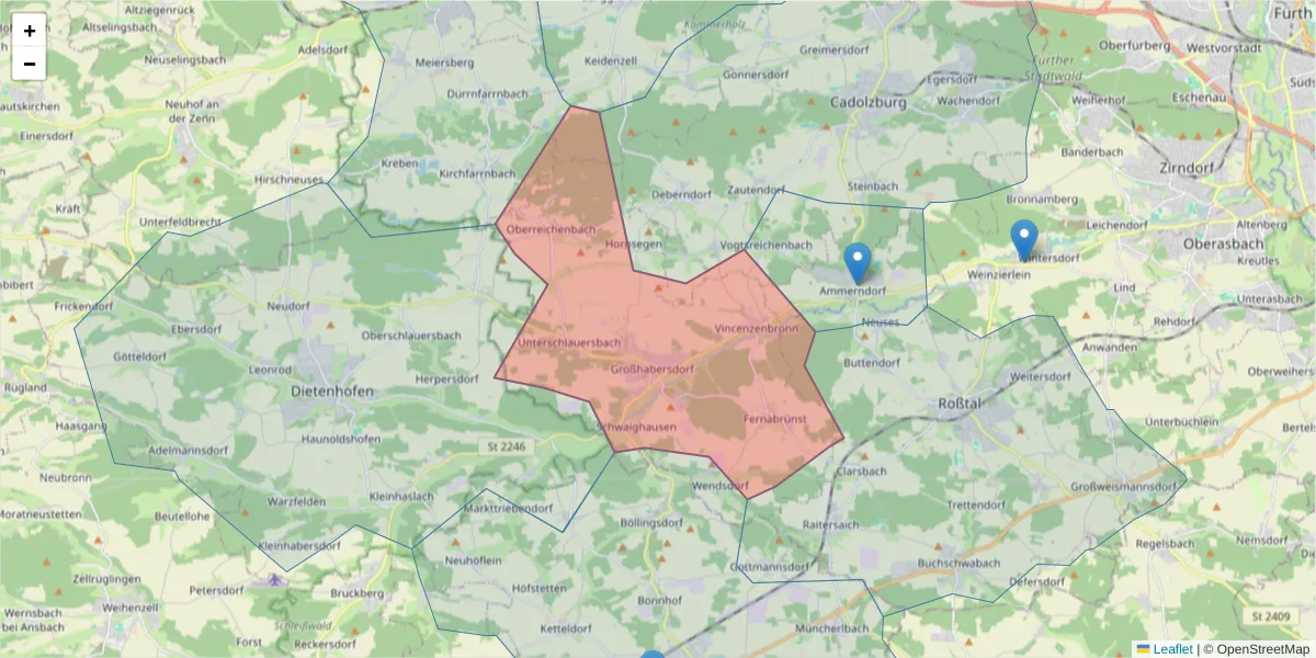 Karte des Postleitzahlen Bereichs  und der umliegenden Postleitzahlen in Deutschland
