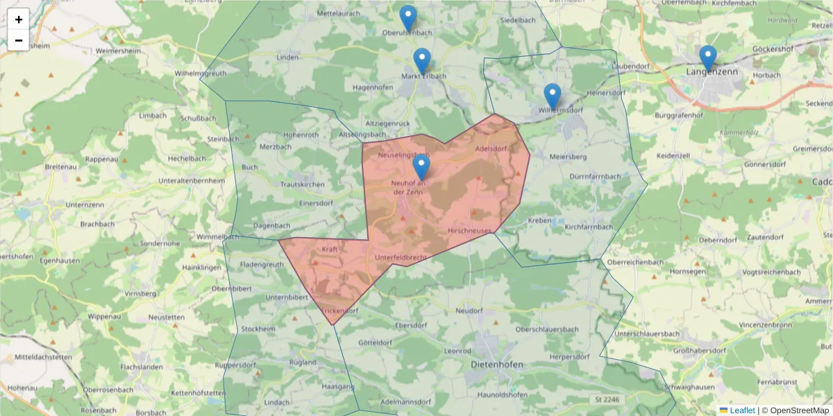 Karte des Postleitzahlen Bereichs  und der umliegenden Postleitzahlen in Deutschland