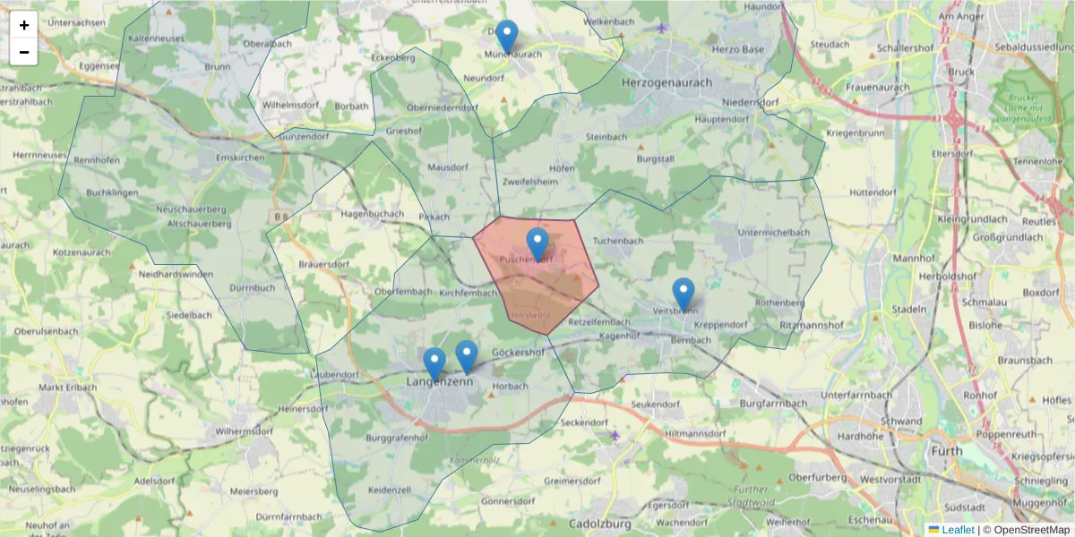 Karte des Postleitzahlen Bereichs  und der umliegenden Postleitzahlen in Deutschland