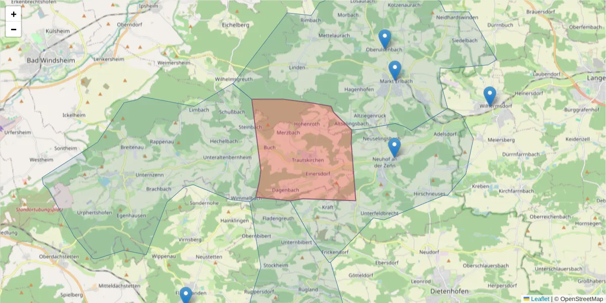 Karte des Postleitzahlen Bereichs  und der umliegenden Postleitzahlen in Deutschland