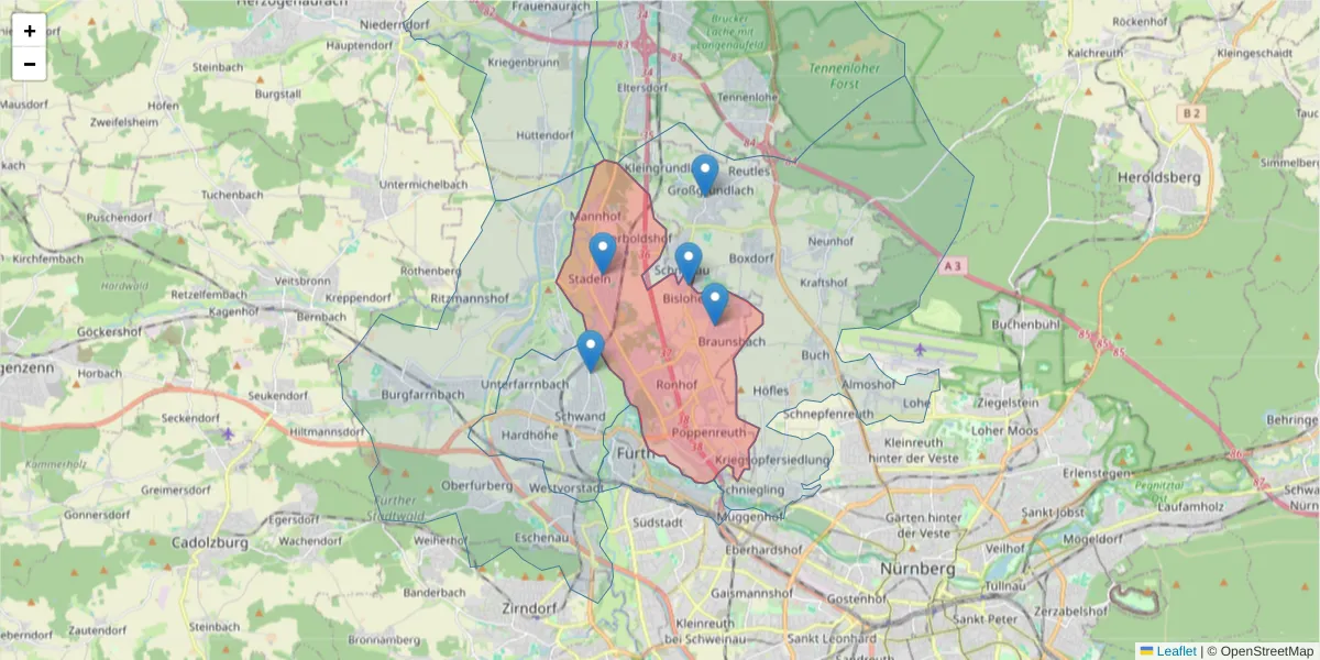 Karte des Postleitzahlen Bereichs  und der umliegenden Postleitzahlen in Deutschland