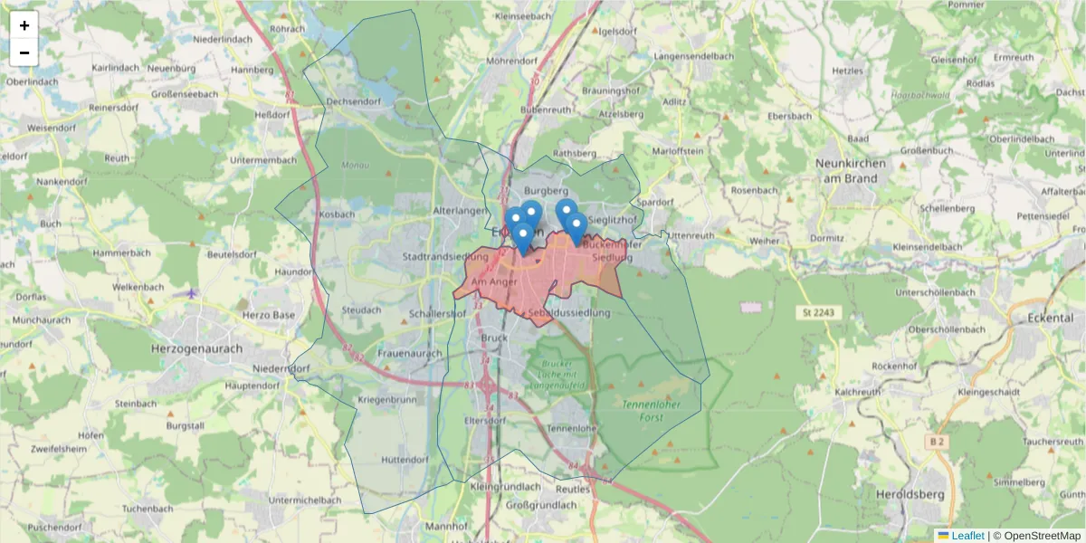 Karte des Postleitzahlen Bereichs  und der umliegenden Postleitzahlen in Deutschland