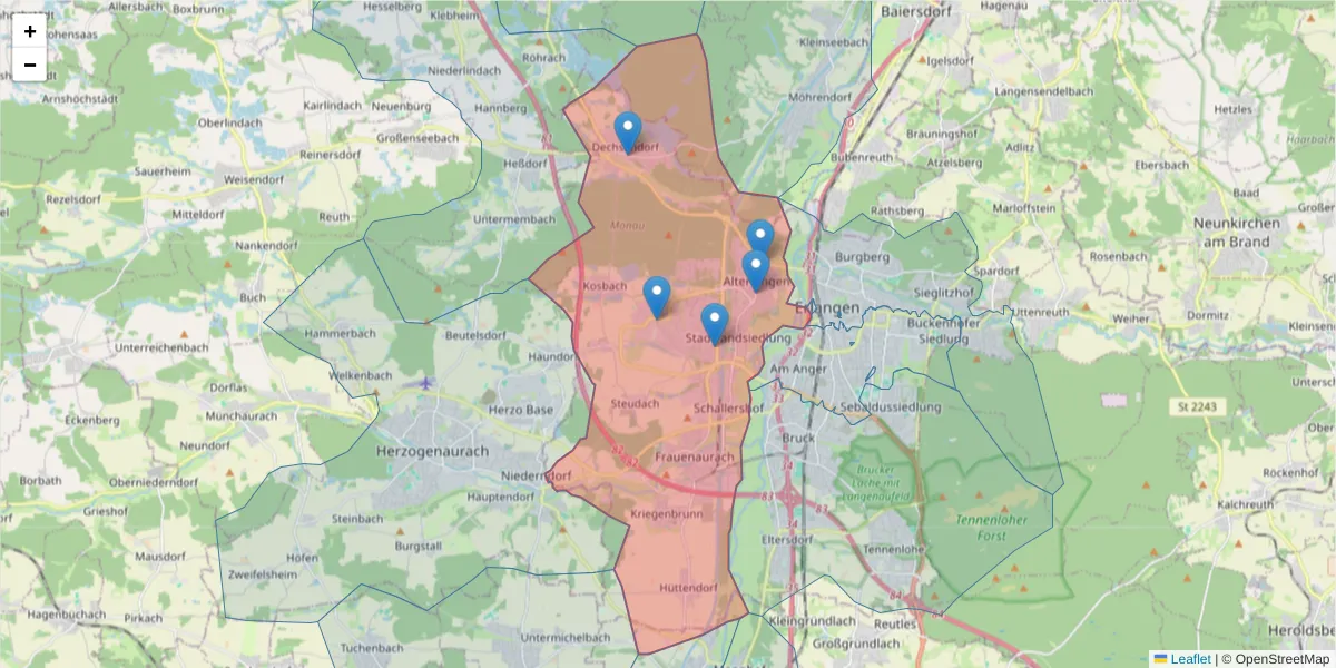 Karte des Postleitzahlen Bereichs  und der umliegenden Postleitzahlen in Deutschland