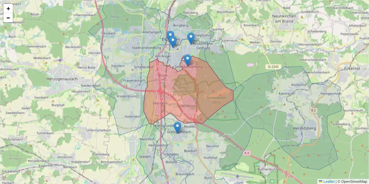Karte des Postleitzahlen Bereichs  und der umliegenden Postleitzahlen in Deutschland
