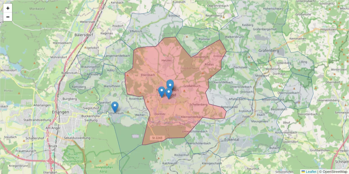 Karte des Postleitzahlen Bereichs  und der umliegenden Postleitzahlen in Deutschland