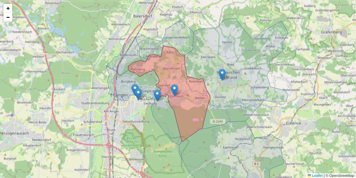Karte des Postleitzahlen Bereichs  und der umliegenden Postleitzahlen in Deutschland
