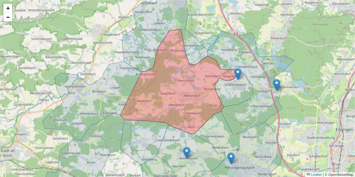 Karte des Postleitzahlen Bereichs  und der umliegenden Postleitzahlen in Deutschland