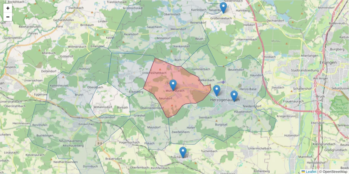 Karte des Postleitzahlen Bereichs  und der umliegenden Postleitzahlen in Deutschland