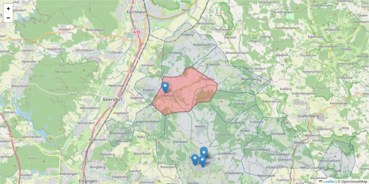 Karte des Postleitzahlen Bereichs  und der umliegenden Postleitzahlen in Deutschland