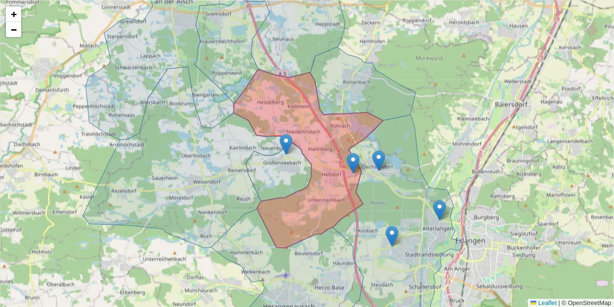 Karte des Postleitzahlen Bereichs  und der umliegenden Postleitzahlen in Deutschland