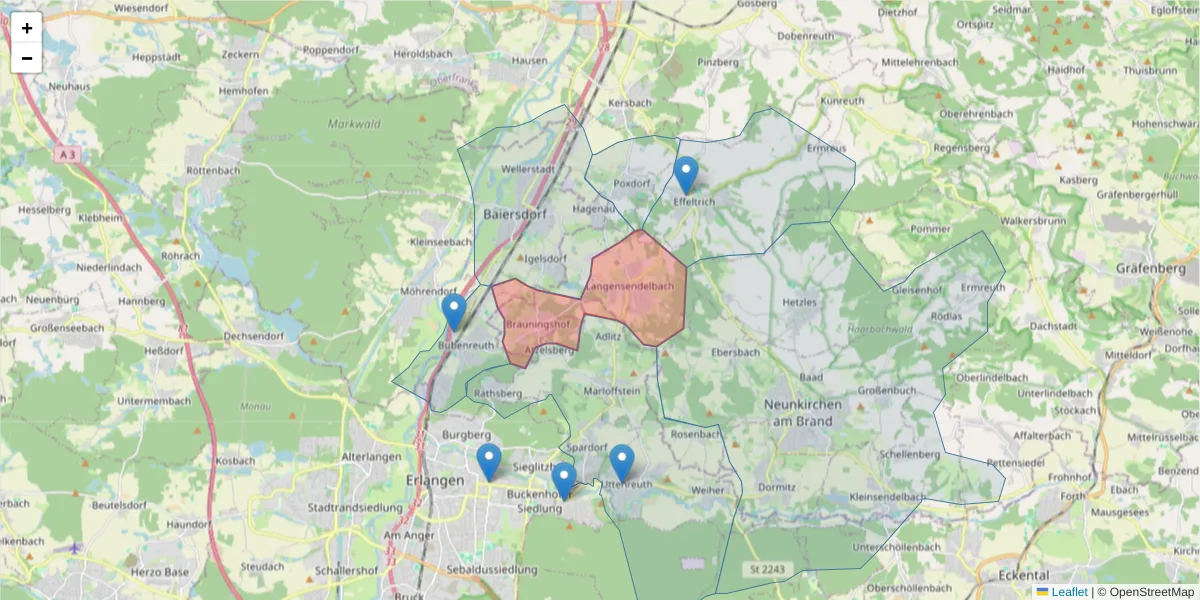 Karte des Postleitzahlen Bereichs  und der umliegenden Postleitzahlen in Deutschland