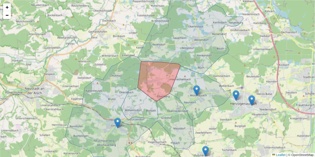 Karte des Postleitzahlen Bereichs  und der umliegenden Postleitzahlen in Deutschland