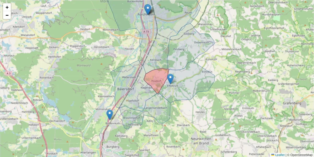 Karte des Postleitzahlen Bereichs  und der umliegenden Postleitzahlen in Deutschland