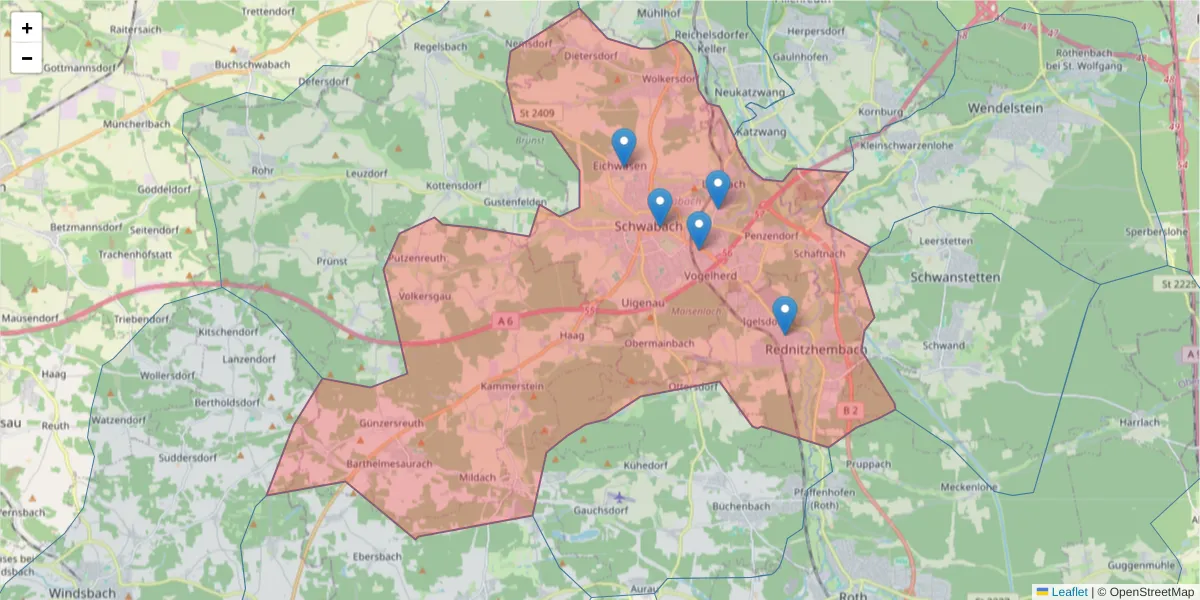 Karte des Postleitzahlen Bereichs  und der umliegenden Postleitzahlen in Deutschland